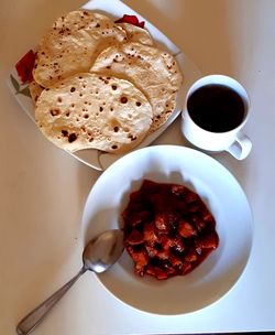 Directly above shot of breakfast served on table