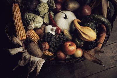 High angle view of fruits in basket on table