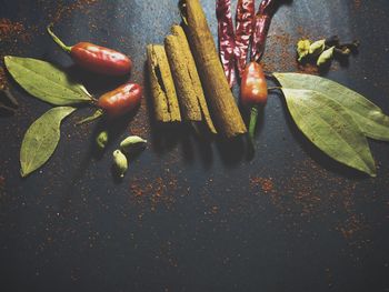 High angle view of chili peppers on table