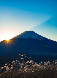 Scenic view of snowcapped mt fuji against sky during sunset