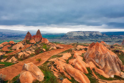 Panoramic view of rock formations against cloudy sky