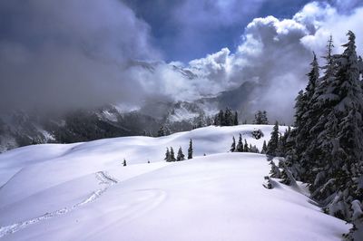 Scenic view of snow covered landscape against sky