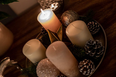 High angle view of christmas decorations on table