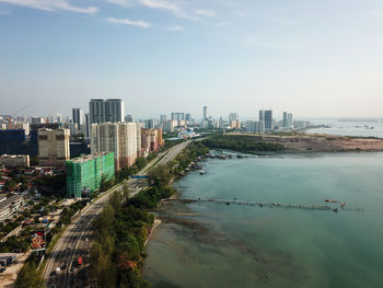 Aerial view coastal at jelutong in morning.