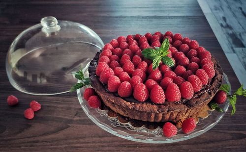 Close-up of strawberry cake on table