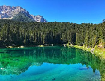 Scenic view of lake against clear blue sky