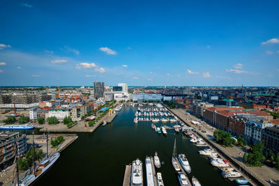 High angle view of buildings against sky