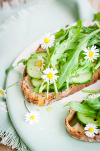 Fresh edible flowers and vegetables garnished on bread