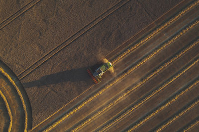 High angle view of agricultural field with harvester