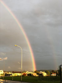 Scenic view of rainbow over field against sky