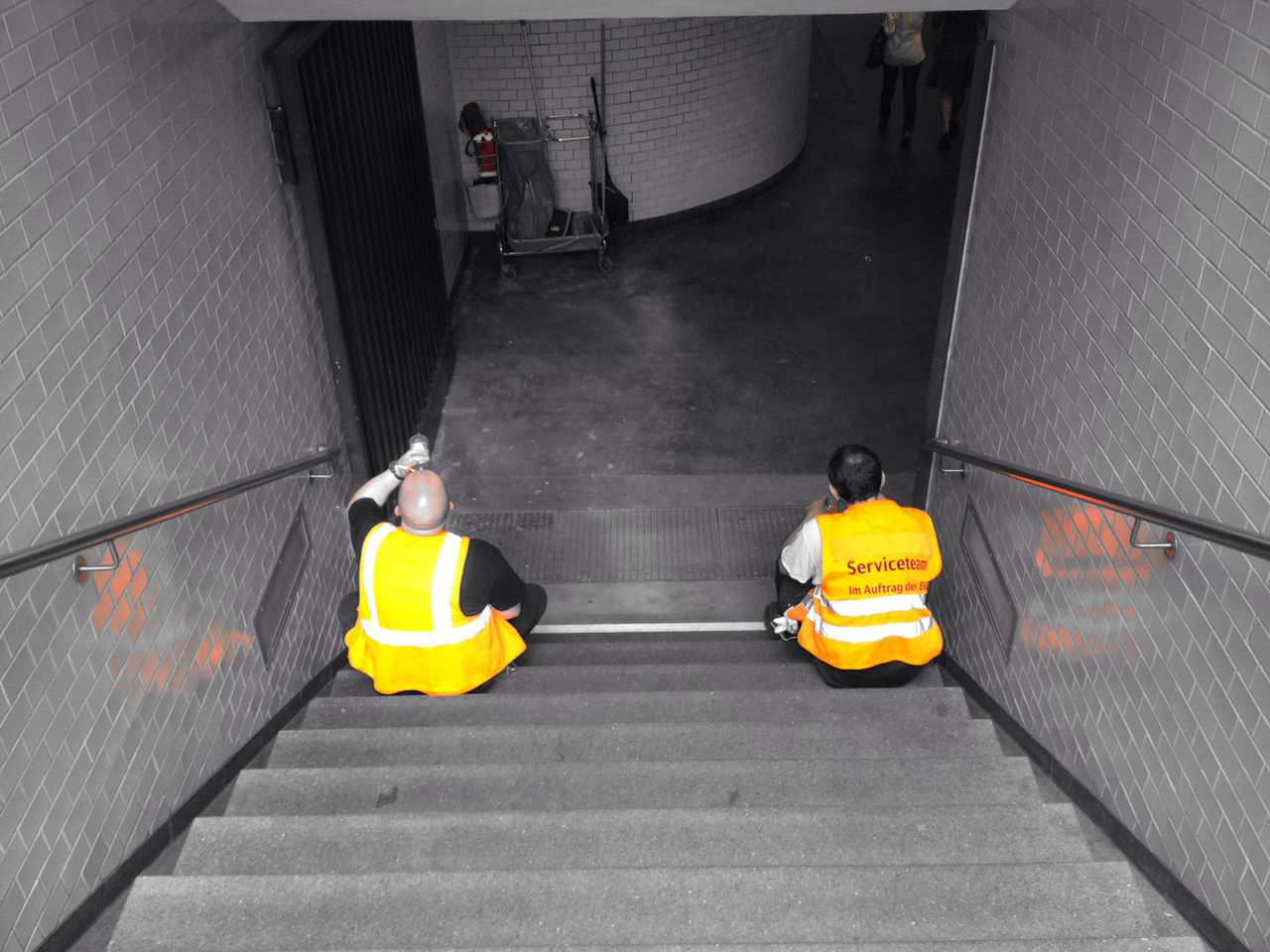 transportation, yellow, mode of transport, the way forward, high angle view, built structure, men, public transportation, indoors, land vehicle, illuminated, architecture, railing, on the move, travel, escalator, street, steps, day