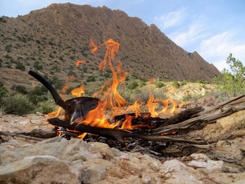 High angle view of bonfire on landscape