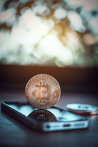 Close-up of clock on table