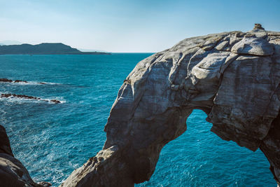 Scenic view of sea against blue sky