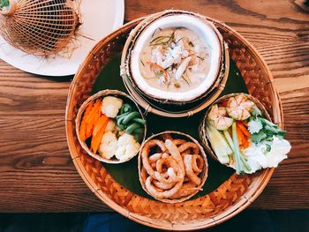 High angle view of meal served on table