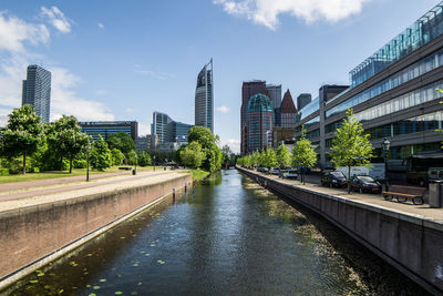 River amidst city against sky