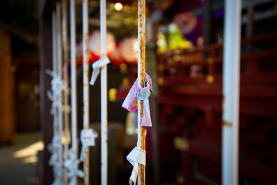 Close-up of decoration hanging at temple