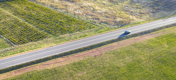 High angle view of road amidst field