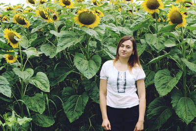 Portrait of young woman standing at sunflower farm