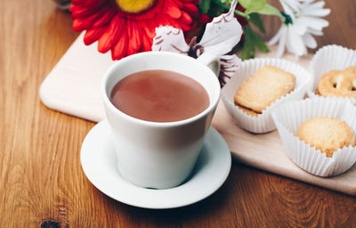 High angle view of cake and coffee on table