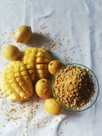 High angle view of fruits in bowl on table