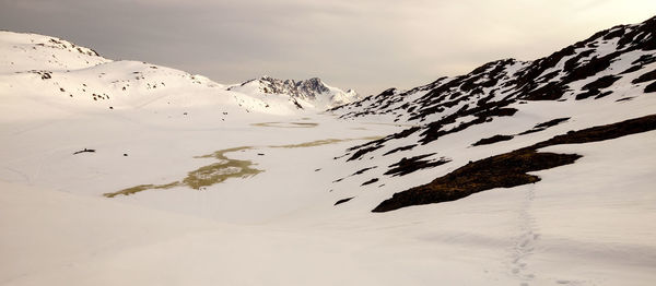 Scenic view of snow covered mountains against sky