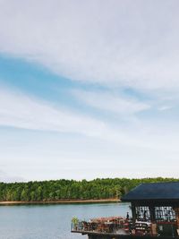 Scenic view of lake by building against sky