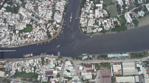 High angle view of street amidst buildings in city