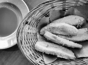 High angle view of bread in basket on table