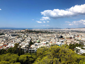 High angle shot of townscape against sky