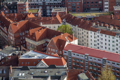 High angle view of houses in city