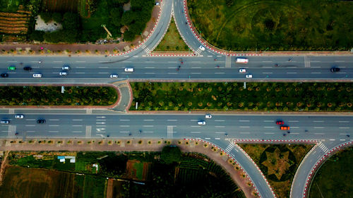 High angle view of road by trees