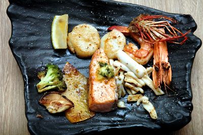 High angle view of seafood on table