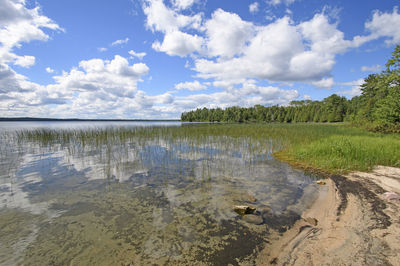 Reflections on a sandy shore in the wilds of basswood lake in quetico provincial park in ontario