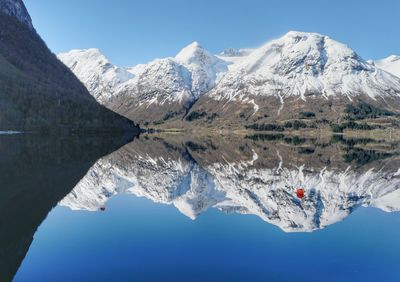 Scenic view of snowcapped mountains against clear sky