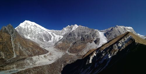 Scenic view of snowcapped mountains against clear blue sky