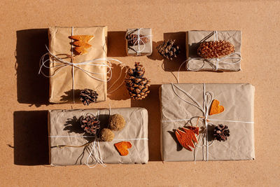 High angle view of christmas decorations on table