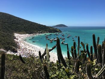 Scenic view of sea against clear blue sky