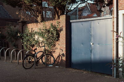 Bicycle parked by tree outside building