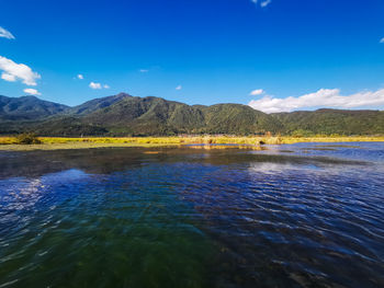 Scenic view of lake by mountain against blue sky