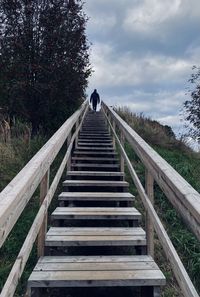 Rear view of person on footbridge against sky