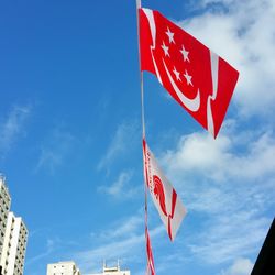 Low angle view of american flag against sky