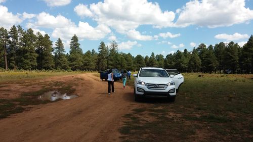 Rear view of man standing on dirt road