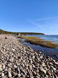Surface level of stones on beach against sky
