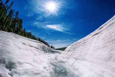 Scenic view of snowcapped mountains against blue sky