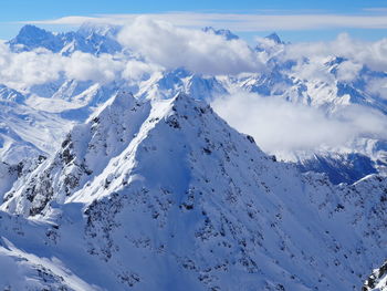 Scenic view of snow covered mountains against sky