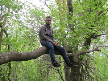 Portrait of young man sitting on branch in forest