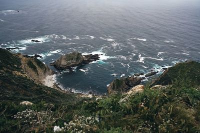 High angle view of sea and rocks