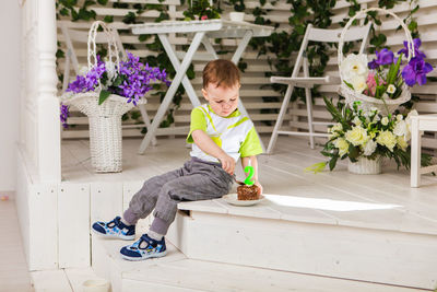 Full length of boy sitting on purple flowering plants