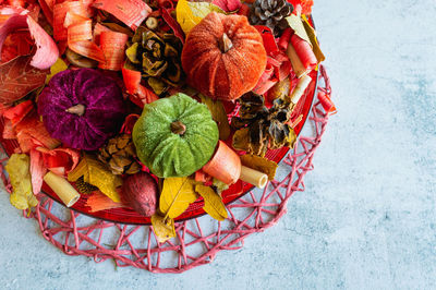 High angle view of pumpkins in basket